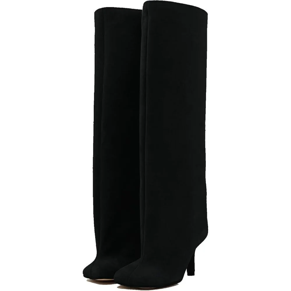 Women's Black Wide Calf Square Toe Stiletto Heels Knee High Suede Boots